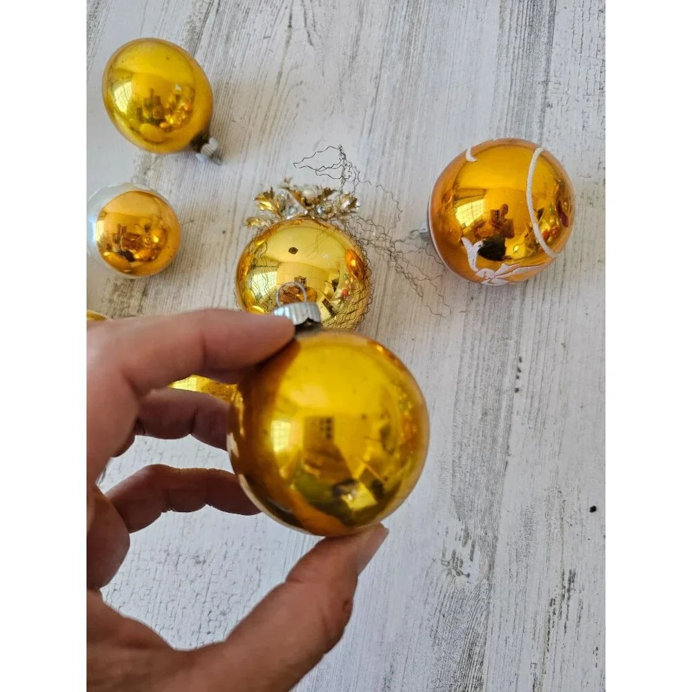 Vintage Mercury glass yellow ball ornament‎ set striped glitter tinsel